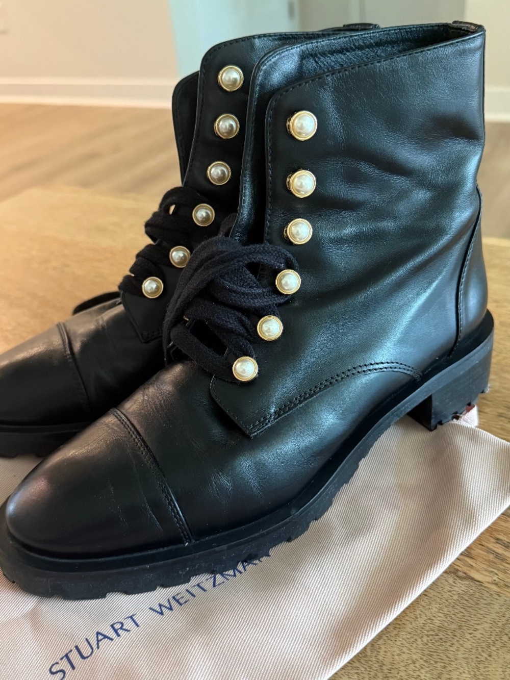 Stuart Weitzman Leather Beaded Accents Combat Boots Women's Size: 8